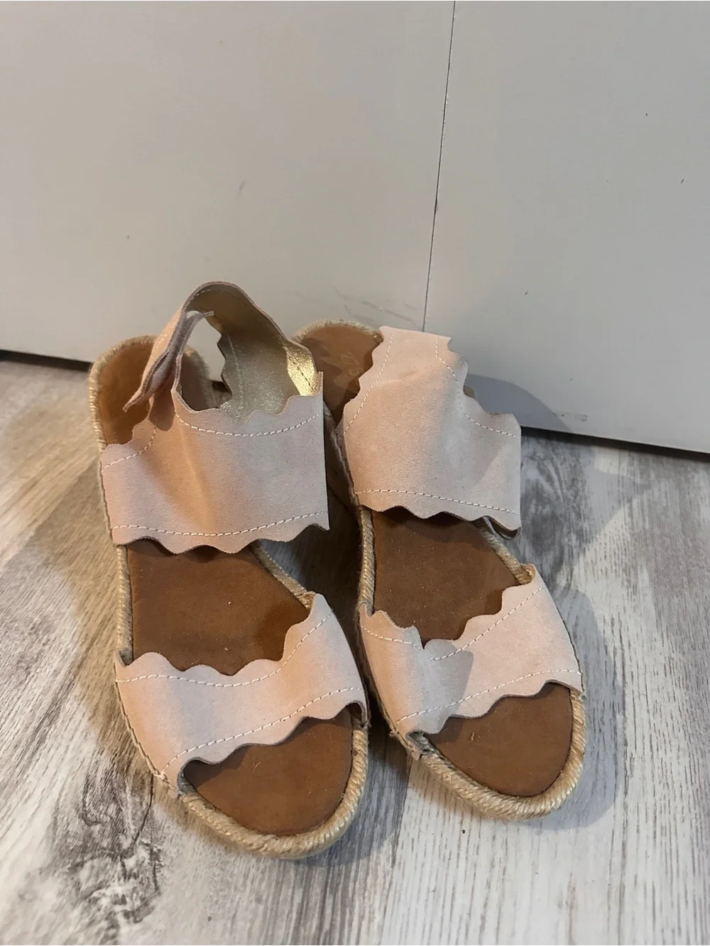 275 Central Scalloped Double-Strap Espadrille Wedge Sandals in Blush